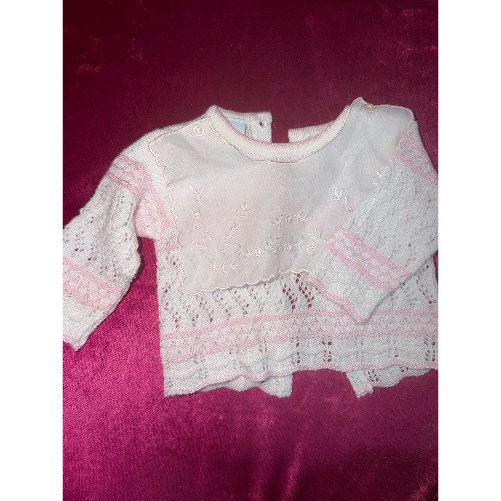 Vintage Ternura Newborn Baby Girl Knit Cardigan White Pink Embroidered Bib